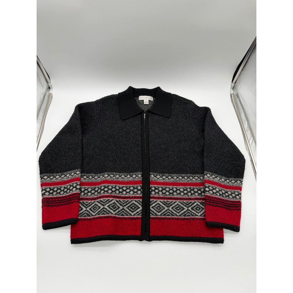 Petite Sophisticate Vintage Zip Up Cardigan Sweater Gray Red Geometric Small